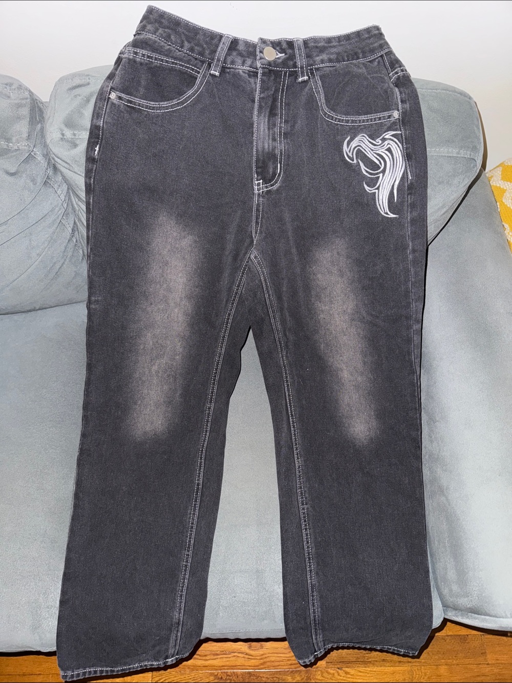 Women's Black Washed Boot Cut Jeans with Embroidered Accent